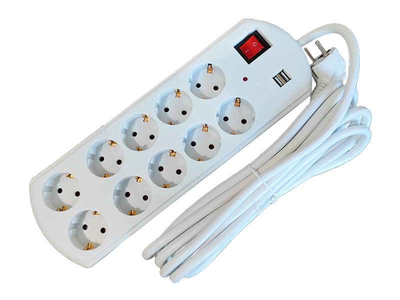 13986 РАЗКЛОНИТЕЛ 10 ГНЕЗДА+2 x USB 5 МЕТРА 3 Х 2.50 мм БЯЛ - Image 1